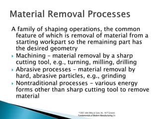 A family of shaping operations, the common
  feature of which is removal of material from a
  starting workpart so the remaining part has
  the desired geometry
 Machining – material removal by a sharp
  cutting tool, e.g., turning, milling, drilling
 Abrasive processes – material removal by
  hard, abrasive particles, e.g., grinding
 Nontraditional processes - various energy
  forms other than sharp cutting tool to remove
  material

                        ©2007 John Wiley & Sons, Inc. M P Groover,
                       Fundamentals of Modern Manufacturing 3/e
 