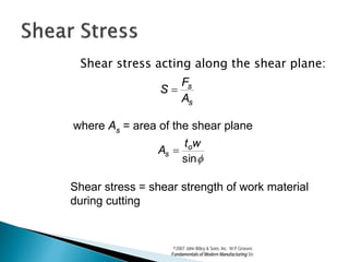 Shear stress acting along the shear plane:
                        Fs
                 S=
                        As

where As = area of the shear plane
                     t ow
                As =
                     sin φ

Shear stress = shear strength of work material
during cutting


                    ©2007 John Wiley & Sons, Inc. M P Groover,
                   Fundamentals of Modern Manufacturing 3/e
 
