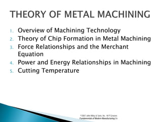 1.   Overview of Machining Technology
2.   Theory of Chip Formation in Metal Machining
3.   Force Relationships and the Merchant
     Equation
4.   Power and Energy Relationships in Machining
5.   Cutting Temperature




                         ©2007 John Wiley & Sons, Inc. M P Groover,
                        Fundamentals of Modern Manufacturing 3/e
 