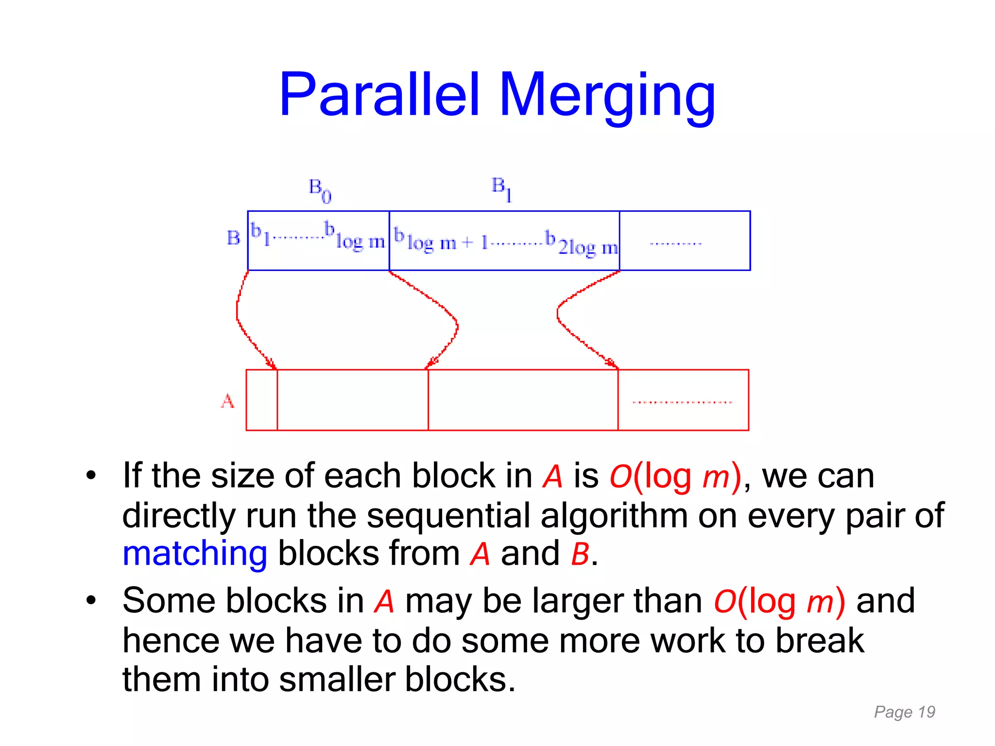 Page 19
Parallel Merging
• If the size of each block in A is O(log m), we can
directly run the sequential algorithm on every pair of
matching blocks from A and B.
• Some blocks in A may be larger than O(log m) and
hence we have to do some more work to break
them into smaller blocks.
 