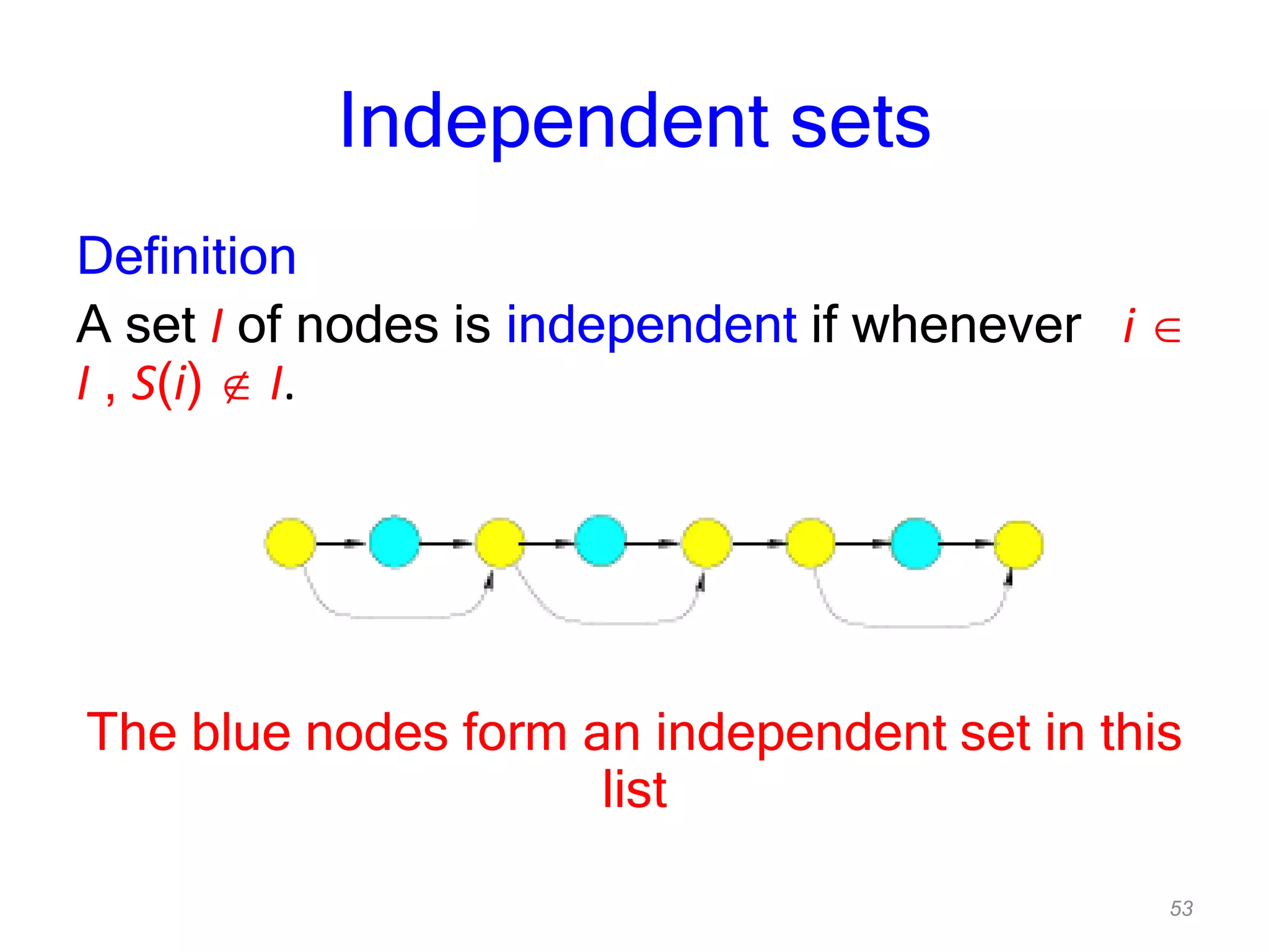 53
Independent sets
Definition
A set I of nodes is independent if whenever i
I , S(i) I.
The blue nodes form an independent set in this
list
 