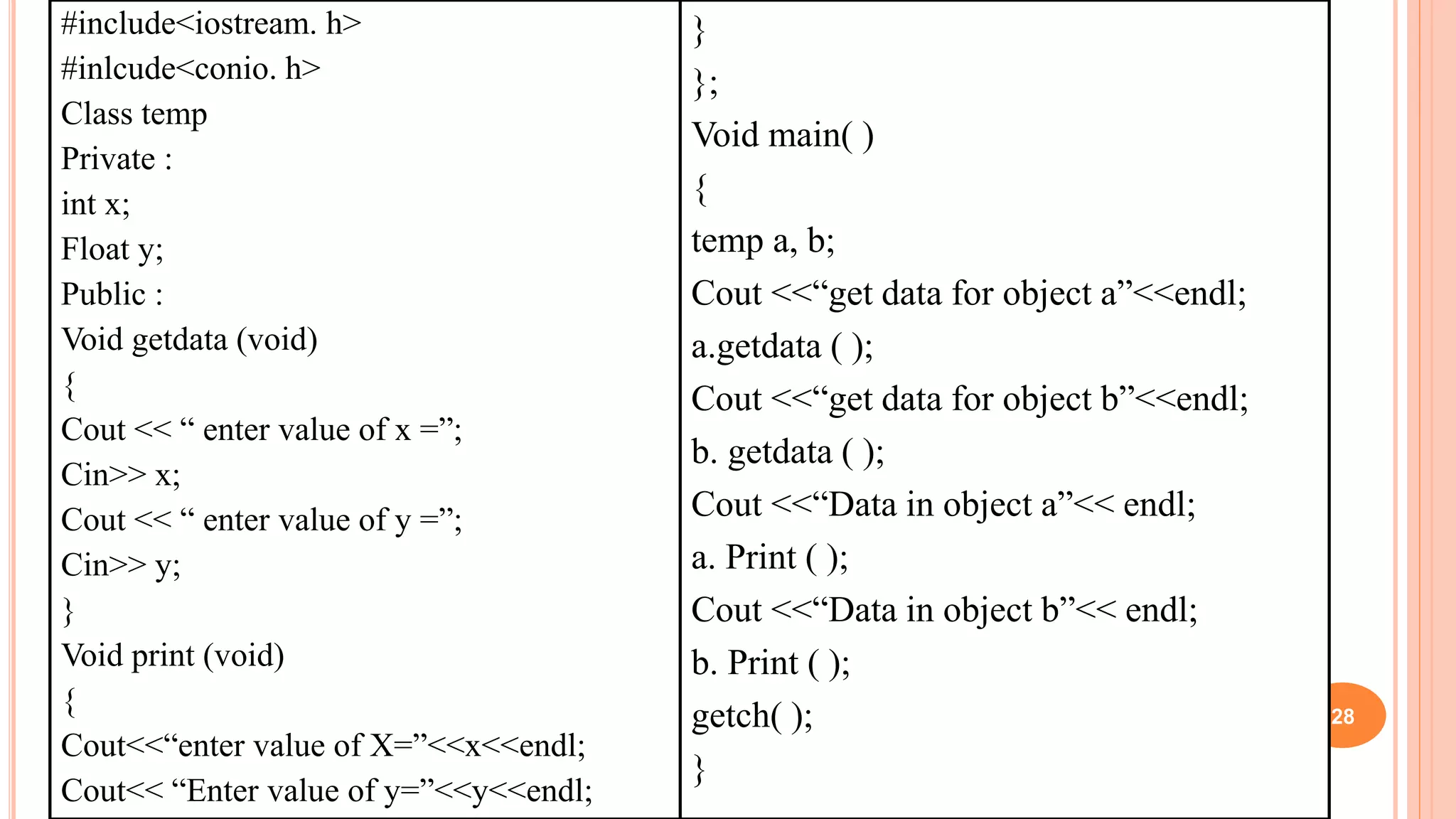#include<iostream. h>
#inlcude<conio. h>
Class temp
Private :
int x;
Float y;
Public :
Void getdata (void)
{
Cout << “ enter value of x =”;
Cin>> x;
Cout << “ enter value of y =”;
Cin>> y;
}
Void print (void)
{
Cout<<“enter value of X=”<<x<<endl;
Cout<< “Enter value of y=”<<y<<endl;
28
}
};
Void main( )
{
temp a, b;
Cout <<“get data for object a”<<endl;
a.getdata ( );
Cout <<“get data for object b”<<endl;
b. getdata ( );
Cout <<“Data in object a”<< endl;
a. Print ( );
Cout <<“Data in object b”<< endl;
b. Print ( );
getch( );
}
 