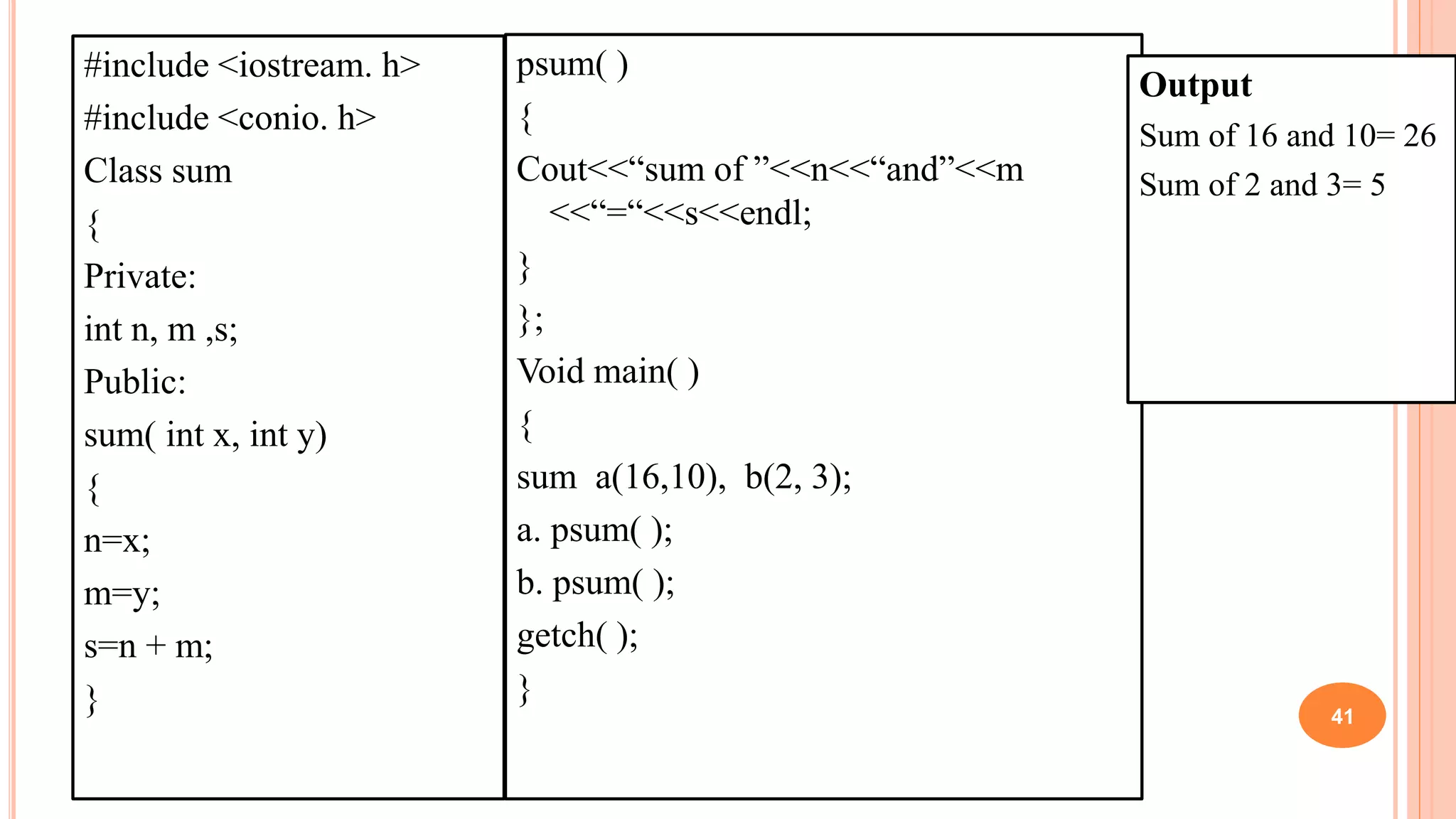 #include <iostream. h>
#include <conio. h>
Class sum
{
Private:
int n, m ,s;
Public:
sum( int x, int y)
{
n=x;
m=y;
s=n + m;
} 41
psum( )
{
Cout<<“sum of ”<<n<<“and”<<m
<<“=“<<s<<endl;
}
};
Void main( )
{
sum a(16,10), b(2, 3);
a. psum( );
b. psum( );
getch( );
}
Output
Sum of 16 and 10= 26
Sum of 2 and 3= 5
 