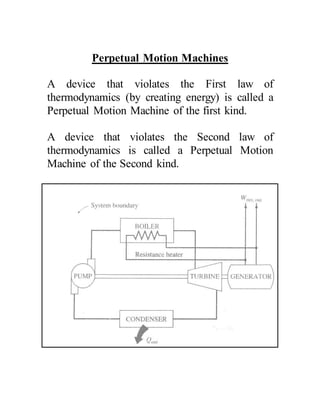 Perpetual Motion Machines
A device that violates the First law of
thermodynamics (by creating energy) is called a
Perpetual Motion Machine of the first kind.
A device that violates the Second law of
thermodynamics is called a Perpetual Motion
Machine of the Second kind.
 