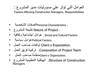 ‫المشروع‬ ‫مدير‬ ‫مسؤوليات‬ ‫علي‬ ‫تؤثر‬ ‫التي‬ ‫العوامل‬
:
Factors Affecting Construction Managers, Responsibilities
• ‫الشخصية‬ ‫الصفات‬Personal Characteristics .
• ‫المشروع‬ ‫طبيعة‬ Nature of Project .
• ‫وثقافية‬ ‫اجتماعية‬ ‫عوامل‬ . Social and Cultural Factors
• ‫سياسية‬ ‫عوامل‬Political Factors.
• ‫العمل‬ ‫صاحب‬ ‫توقعات‬ Client s Expectation.
• ‫العمل‬ ‫فريق‬ ‫تركيبة‬ .Composition of Project Team
• ‫العمل‬ ‫صاحب‬ ‫منظمة‬Client s Organization.
• ‫للمشروع‬ ‫التنظيمية‬ ‫الهيكلية‬ .Structure of Construction
Managers
 