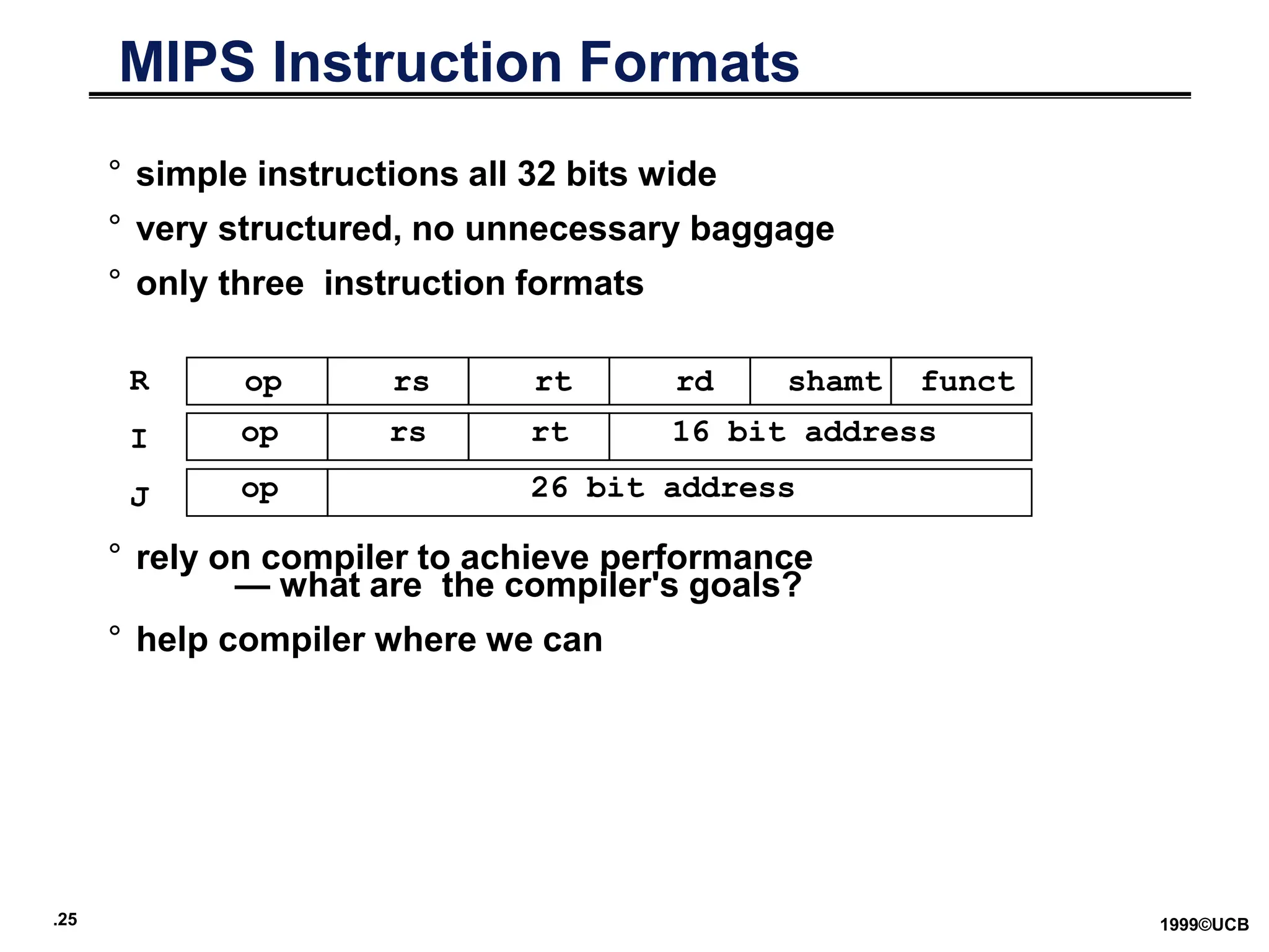 .25 1999©UCB
° simple instructions all 32 bits wide
° very structured, no unnecessary baggage
° only three instruction formats
° rely on compiler to achieve performance
— what are the compiler's goals?
° help compiler where we can
op rs rt rd shamt funct
op rs rt 16 bit address
op 26 bit address
R
I
J
MIPS Instruction Formats
 