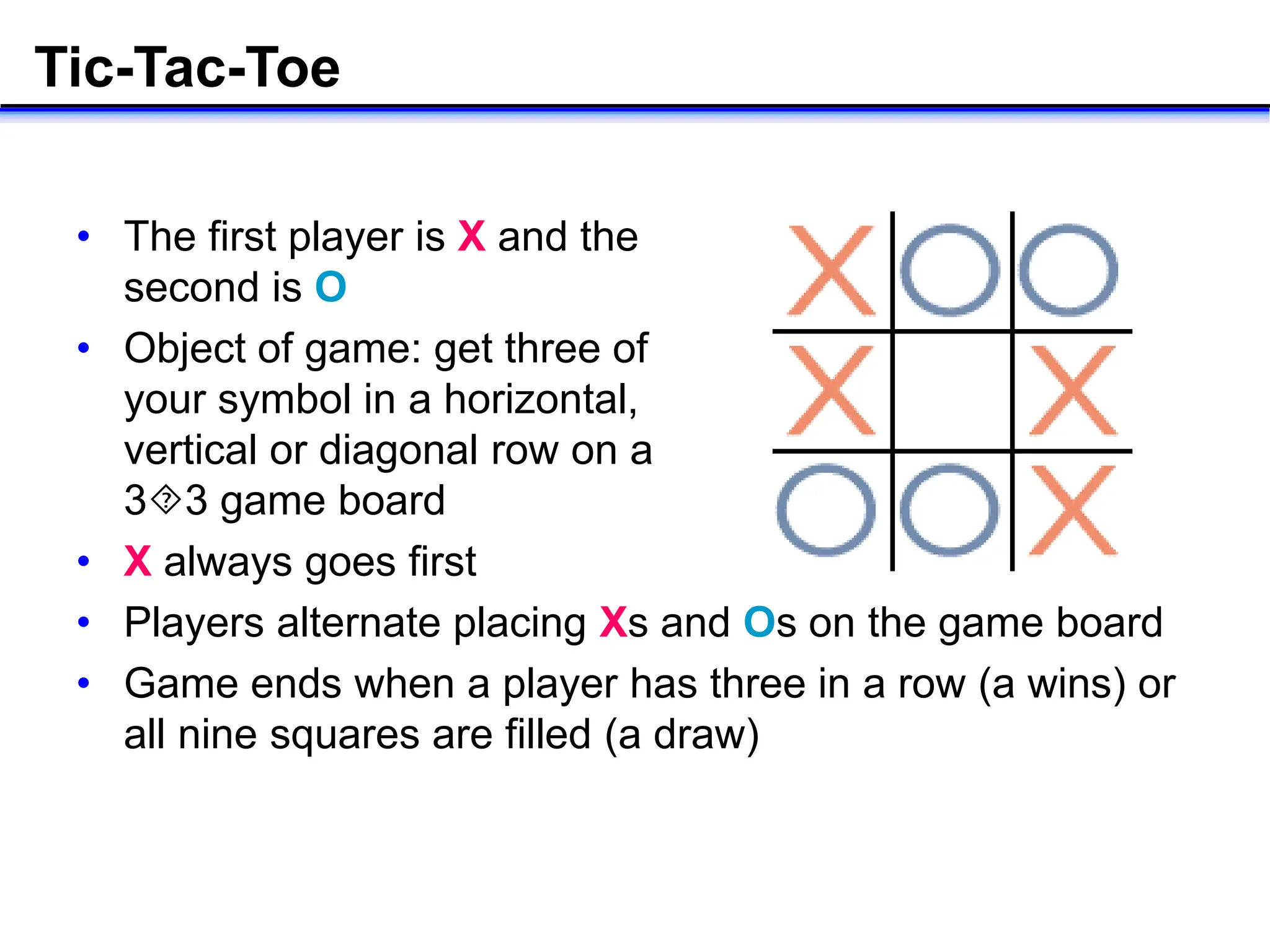 Tic-Tac-Toe
• The first player is X and the
second is O
• Object of game: get three of
your symbol in a horizontal,
vertical or diagonal row on a
33 game board
• X always goes first
• Players alternate placing Xs and Os on the game board
• Game ends when a player has three in a row (a wins) or
all nine squares are filled (a draw)
 