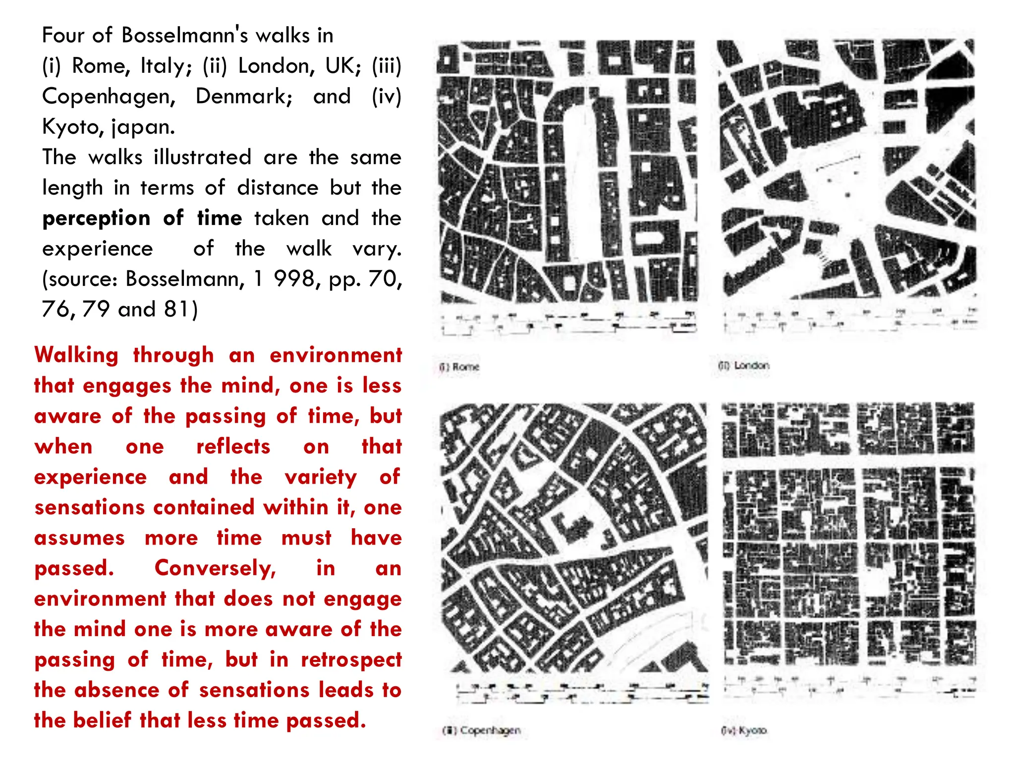 Four of Bosselmann's walks in
(i) Rome, Italy; (ii) London, UK; (iii)
Copenhagen, Denmark; and (iv)
Kyoto, japan.
The walks illustrated are the same
length in terms of distance but the
perception of time taken and the
experience of the walk vary.
(source: Bosselmann, 1 998, pp. 70,
76, 79 and 81)
Walking through an environment
that engages the mind, one is less
aware of the passing of time, but
when one reflects on that
experience and the variety of
sensations contained within it, one
assumes more time must have
passed. Conversely, in an
environment that does not engage
the mind one is more aware of the
passing of time, but in retrospect
the absence of sensations leads to
the belief that less time passed.
 