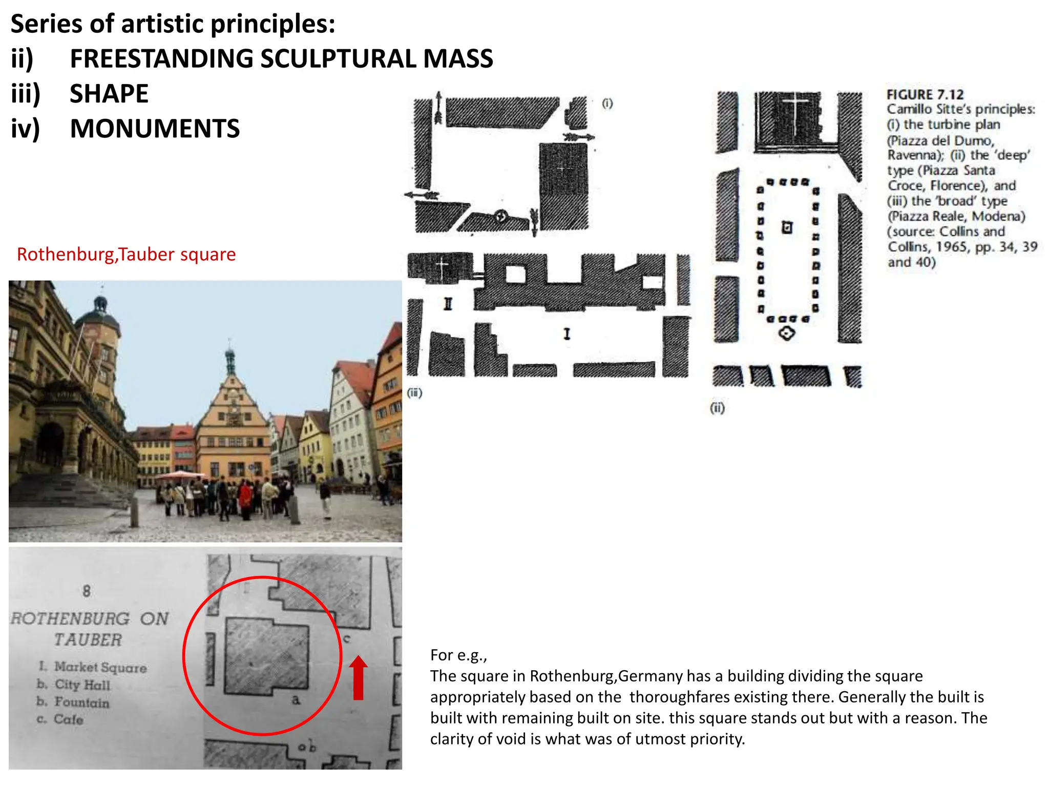 Series of artistic principles:
ii) FREESTANDING SCULPTURAL MASS
iii) SHAPE
iv) MONUMENTS
Rothenburg,Tauber square
For e.g.,
The square in Rothenburg,Germany has a building dividing the square
appropriately based on the thoroughfares existing there. Generally the built is
built with remaining built on site. this square stands out but with a reason. The
clarity of void is what was of utmost priority.
 