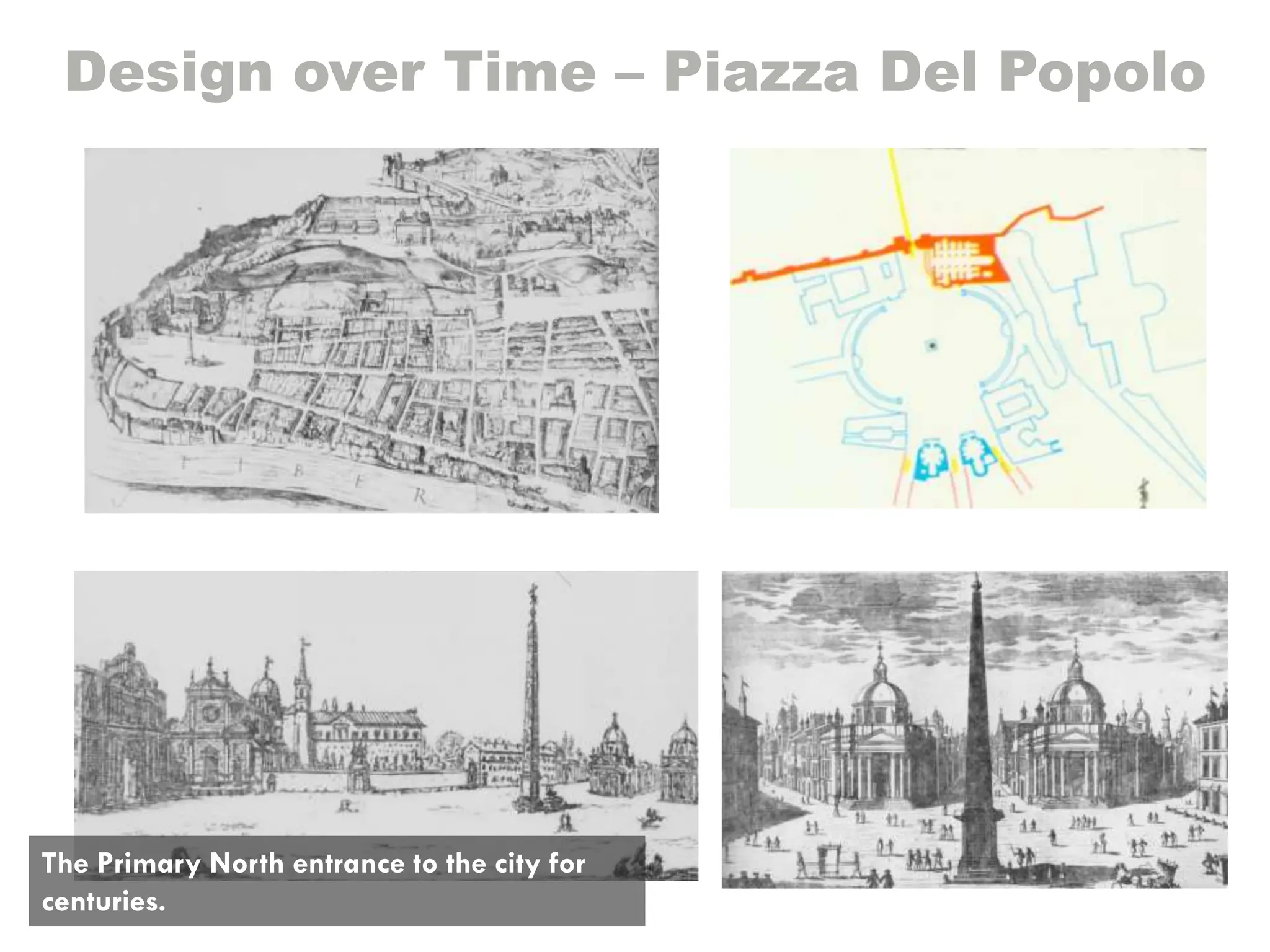 Design over Time – Piazza Del Popolo
The Primary North entrance to the city for
centuries.
 