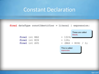 Constant Declaration
final dataType constIdentifier = literal | expression;
final int MAX = 1024;
final int MIN = 128;
final int AVG = (MAX + MIN) / 2;
9
These are called
literals.
This is called
expression.
 