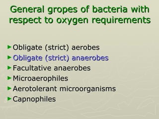 General gropes of bacteria with respect to oxygen requirements Obligate (strict) aerobes Obligate (strict) anaerobes Facultative anaerobes Microaerophiles Aerotolerant microorganisms  Capnophiles  