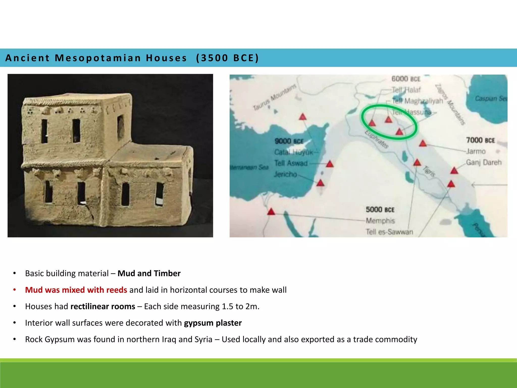 • Basic building material – Mud and Timber
• Mud was mixed with reeds and laid in horizontal courses to make wall
• Houses had rectilinear rooms – Each side measuring 1.5 to 2m.
• Interior wall surfaces were decorated with gypsum plaster
• Rock Gypsum was found in northern Iraq and Syria – Used locally and also exported as a trade commodity
A nci e nt Me s opota m i a n H ous e s ( 3500 BCE )
 