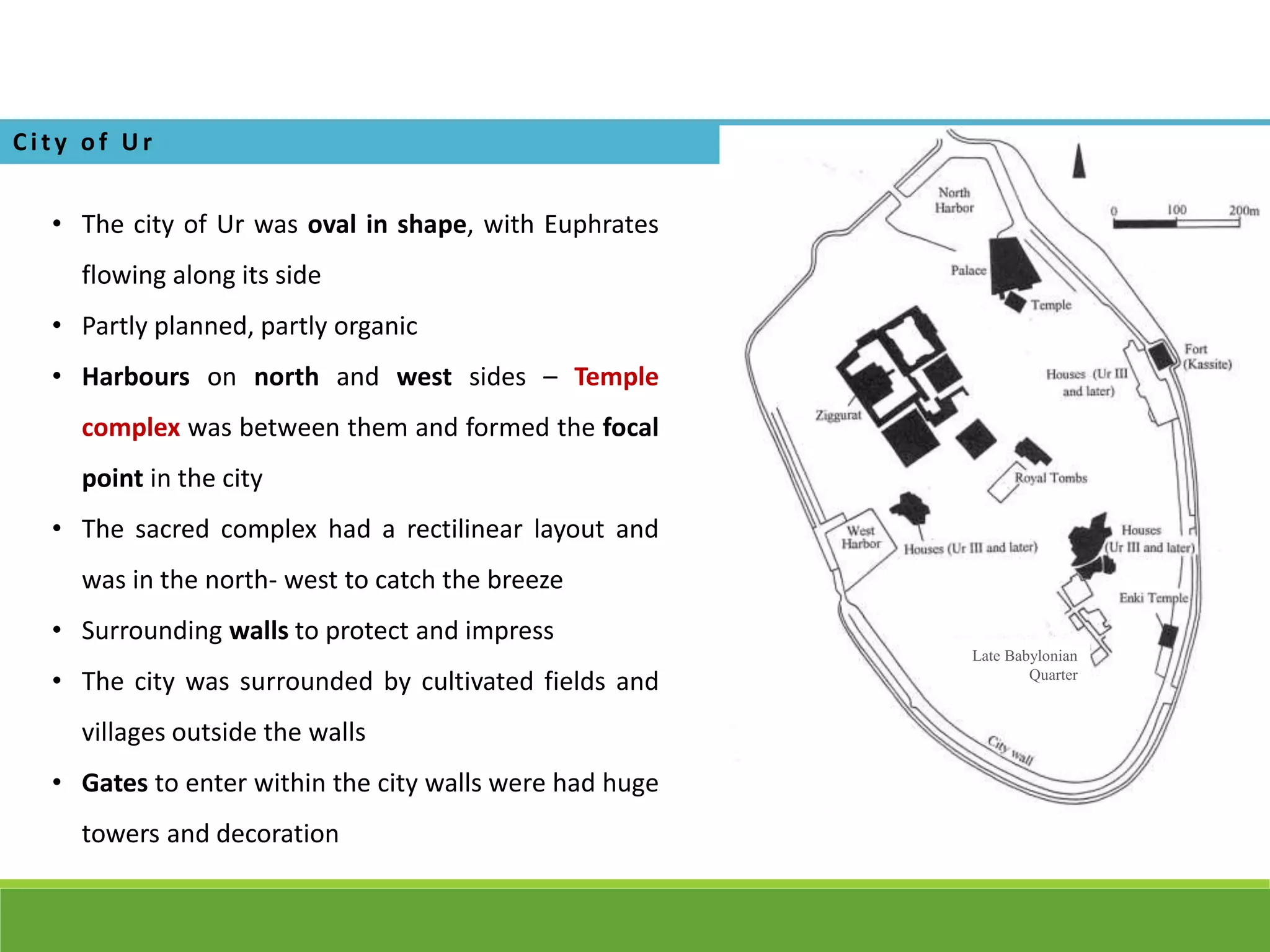 • The city of Ur was oval in shape, with Euphrates
flowing along its side
• Partly planned, partly organic
• Harbours on north and west sides – Temple
complex was between them and formed the focal
point in the city
• The sacred complex had a rectilinear layout and
was in the north- west to catch the breeze
• Surrounding walls to protect and impress
• The city was surrounded by cultivated fields and
villages outside the walls
• Gates to enter within the city walls were had huge
towers and decoration
Ci ty of U r
Late Babylonian
Quarter
 