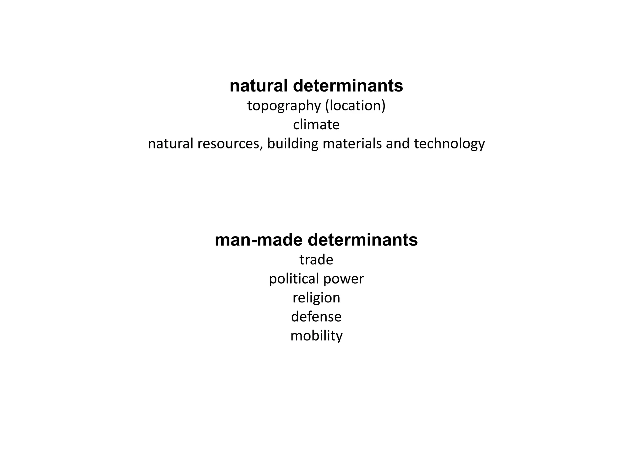 natural determinants
topography (location)
climate
natural resources, building materials and technology
man-made determinants
trade
political power
religion
defense
mobility
 
