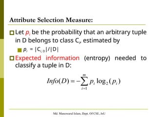 Md. Manowarul Islam, Dept. Of CSE, JnU
Attribute Selection Measure:
🞐Let pi be the probability that an arbitrary tuple
in D belongs to class Ci, estimated by
■ pi = |Ci, D|/|D|
🞐Expected information (entropy) needed to
classify a tuple in D:
 