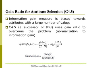 Md. Manowarul Islam, Dept. Of CSE, JnU
Gain Ratio for Attribute Selection (C4.5)
🞐 Information gain measure is biased towards
attributes with a large number of values
🞐 C4.5 (a successor of ID3) uses gain ratio to
overcome the problem (normalization to
information gain)
 