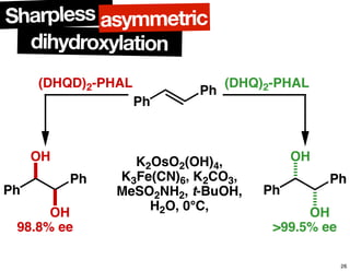 dihydroxylation
Sharpless asymmetric
Ph
Ph
Ph
Ph
OH
OH
Ph
Ph
OH
OH
98.8% ee >99.5% ee
K2OsO2(OH)4,
K3Fe(CN)6, K2CO3,
MeSO2NH2, t-BuOH,
H2O, 0°C,
(DHQD)2-PHAL (DHQ)2-PHAL
26
 