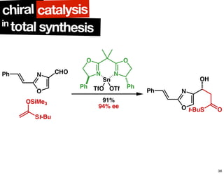 Ph
O
N CHO
St-Bu
OSiMe3
N
O
N
O
Ph Ph
Sn
TfO OTf
91%
94% ee
Ph
O
N
OH
t-BuS O
in
total synthesis
chiral catalysis
38
 