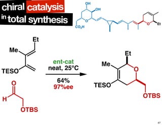 O
CO2H
OH
OH
O Et
in
total synthesis
chiral catalysis
TESO
Et
OTBS
O
H
Me
ent-cat
neat, 25°C
64%
97%ee
O
Et
OTBS
TESO
Me
47
 
