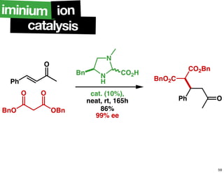 Ph
O
BnO OBn
O O
N
N
H
CO2HBn
cat. (10%),
neat, rt, 165h Ph
CO2Bn
BnO2C
O
86%
99% ee
catalysis
iminium ion
59
 
