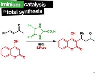 in total synthesis
O
OH
O
Ph O
O
OH
O
Ph
O
N
H
H
N
Ph
Ph
CO2H
96%
82%ee
catalysisiminium
63
 