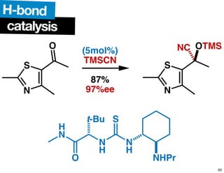 N
S
O
(5mol%)
TMSCN
87%
97%ee N
S
OTMSNC
H
N
N
H
N
H
NHPr
t-Bu S
O
catalysis
H-bond
65
 