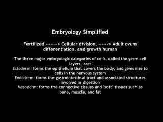   Embryology Simplified  Fertilized -------> Cellular division, ------> Adult ovum differentiation, and growth human   The...