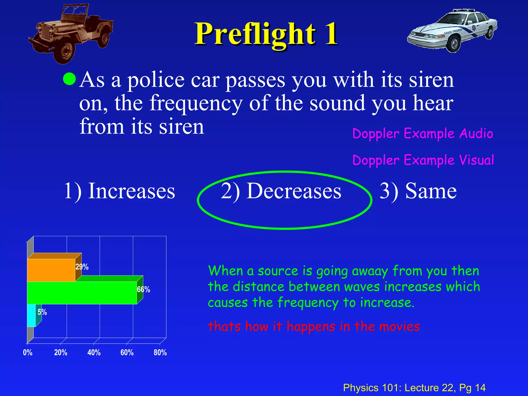 Preflight 1 As a police car passes you with its siren on, the frequency of the sound you hear from its siren 1) Increases 2) Decreases 3) Same Doppler Example Audio Doppler Example Visual When a source is going awaay from you then the distance between waves increases which causes the frequency to increase. thats how it happens in the movies 