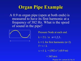 Organ Pipe Example A 0.9 m organ pipe (open at both ends) is measured to have its first harmonic at a frequency of 382 Hz. What is the speed of sound in the pipe? Pressure Node at each end.    = 2 L / n  n=1,2,3..    =  L for first harmonic (n=2) f = v /   v = f   = (382 s -1  ) (0.9 m)  = 343 m/s  