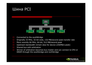 Шина PCI

Connected to the southBridge
Originally 33 MHz, 32-bit wide, 132 MB/second peak transfer rate
MHz
wide
More recently 66 MHz, 64-bit, 512 MB/second peak
Upstream bandwidth remain slow for device (256MB/s peak)
Shared bus with arbitration
Winner of arbitration becomes bus master and can connect to CPU or
DRAM through the southbridge and northbridge

 