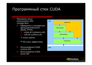 Программный стек CUDA
Программы могут
использовать GPU
посредством:
Обращения к стандартным
Об
функциям библиотек
(BLAS, FFTW)
cublas.dll (cublasemu dll)
cublas dll (cublasemu.dll)
cufft.dll (cufftemu.dll)

+ очень просто

- НЕ очень эффективно
Использования CUDA
runtime API
Использования CUDA
driver API

 