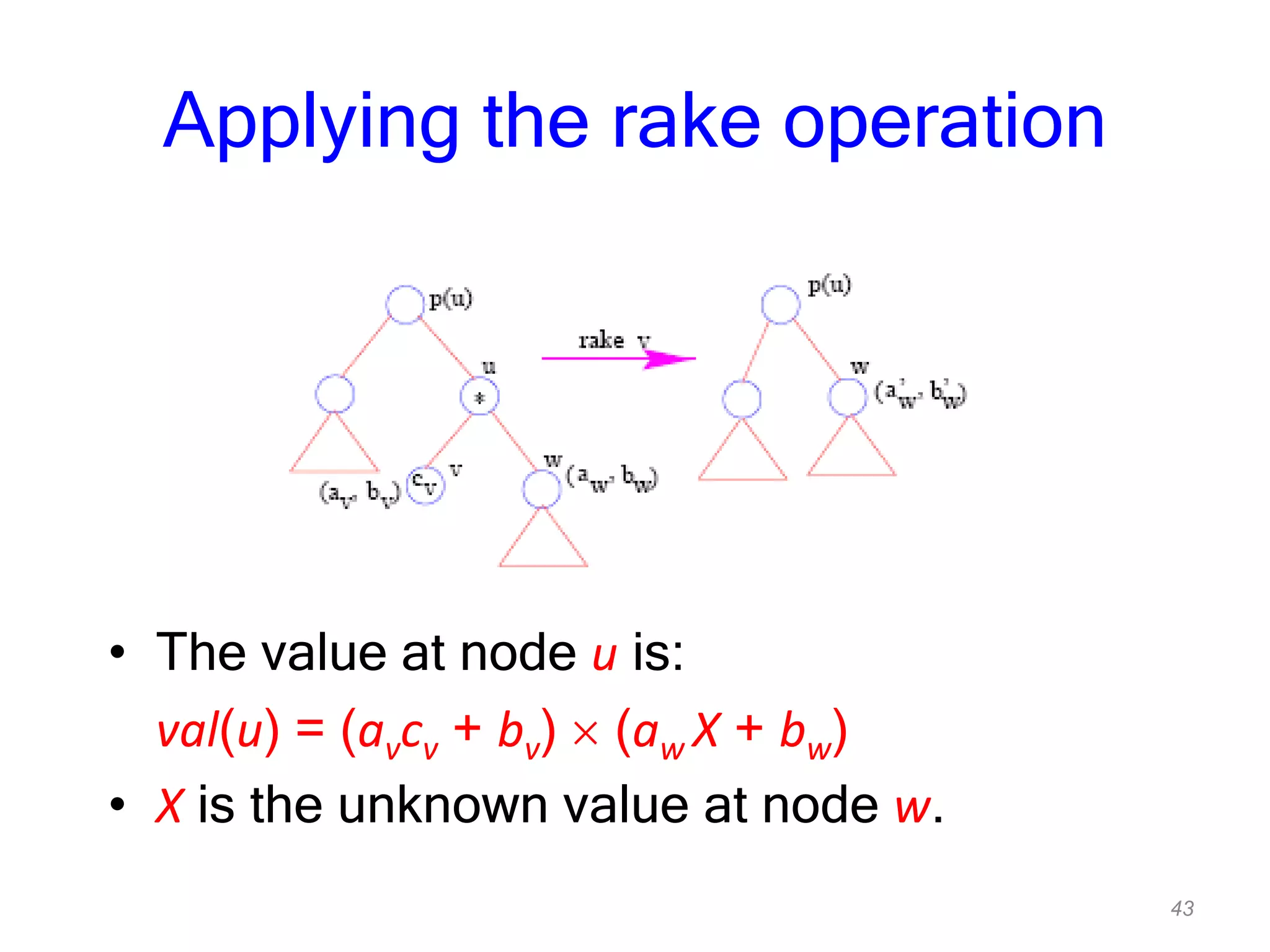 43
Applying the rake operation
• The value at node u is:
val(u) = (avcv + bv) (aw X + bw)
• X is the unknown value at node w.
 