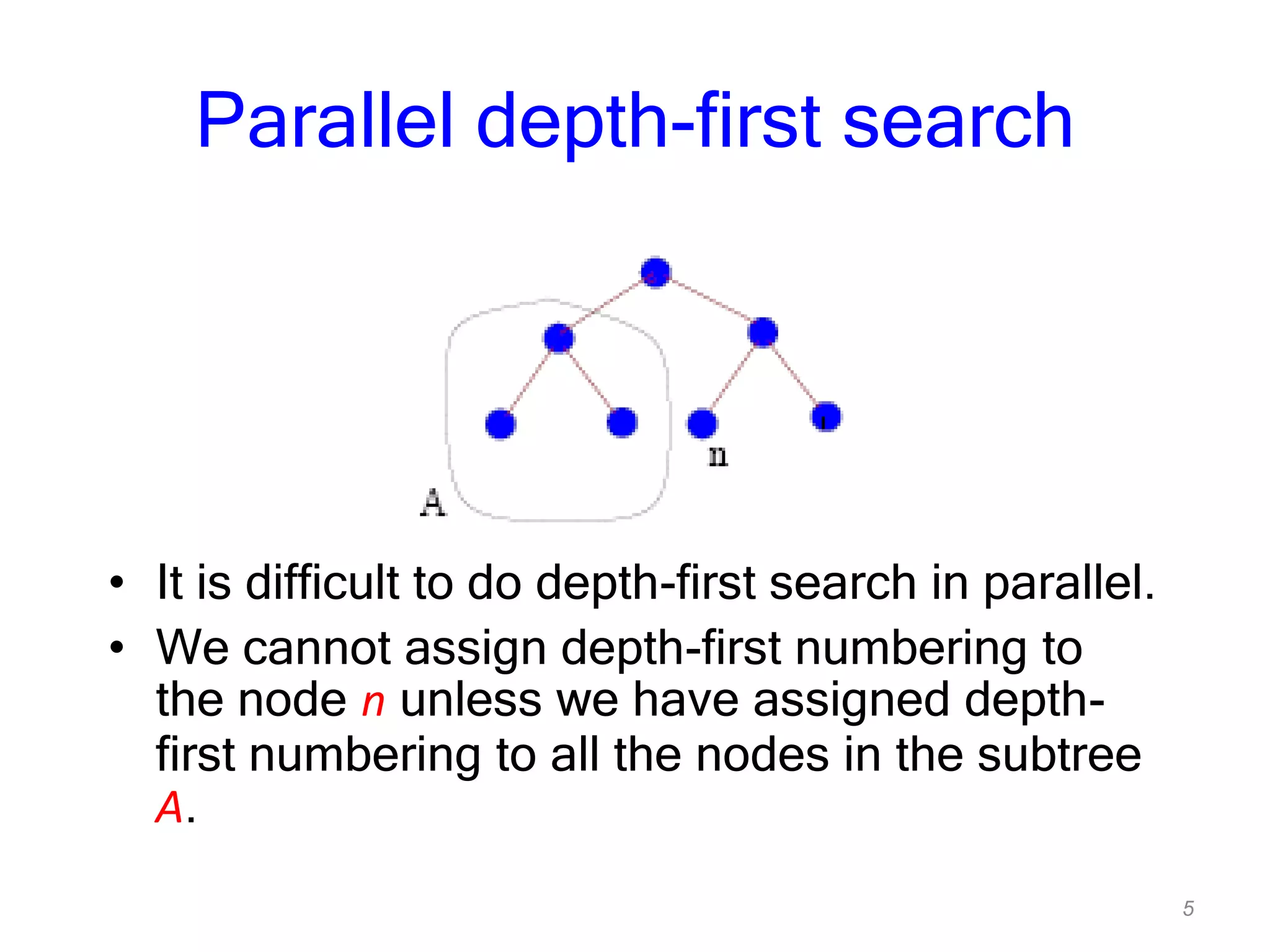 5
Parallel depth-first search
• It is difficult to do depth-first search in parallel.
• We cannot assign depth-first numbering to
the node n unless we have assigned depth-
first numbering to all the nodes in the subtree
A.
 