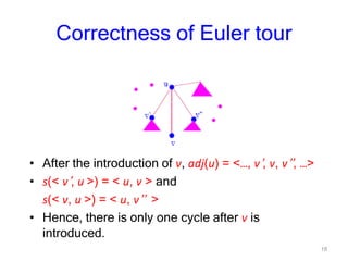 16
Correctness of Euler tour
• After the introduction of v, adj(u) = <…, v’, v, v’’, …>
• s(< v’, u >) = < u, v > and
s(< v, u >) = < u, v’’ >
• Hence, there is only one cycle after v is
introduced.
 