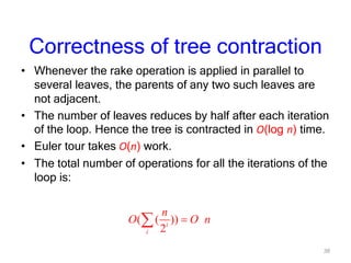 36
Correctness of tree contraction
• Whenever the rake operation is applied in parallel to
several leaves, the parents of any two such leaves are
not adjacent.
• The number of leaves reduces by half after each iteration
of the loop. Hence the tree is contracted in O(log n) time.
• Euler tour takes O(n) work.
• The total number of operations for all the iterations of the
loop is:
( ( ))
2i
i
n
O O n
 