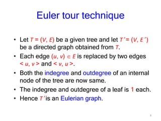 9
Euler tour technique
• Let T = (V, E) be a given tree and let T’ = (V, E’ )
be a directed graph obtained from T.
• Each edge (u, v) E is replaced by two edges
< u, v > and < v, u >.
• Both the indegree and outdegree of an internal
node of the tree are now same.
• The indegree and outdegree of a leaf is 1 each.
• Hence T’ is an Eulerian graph.
 