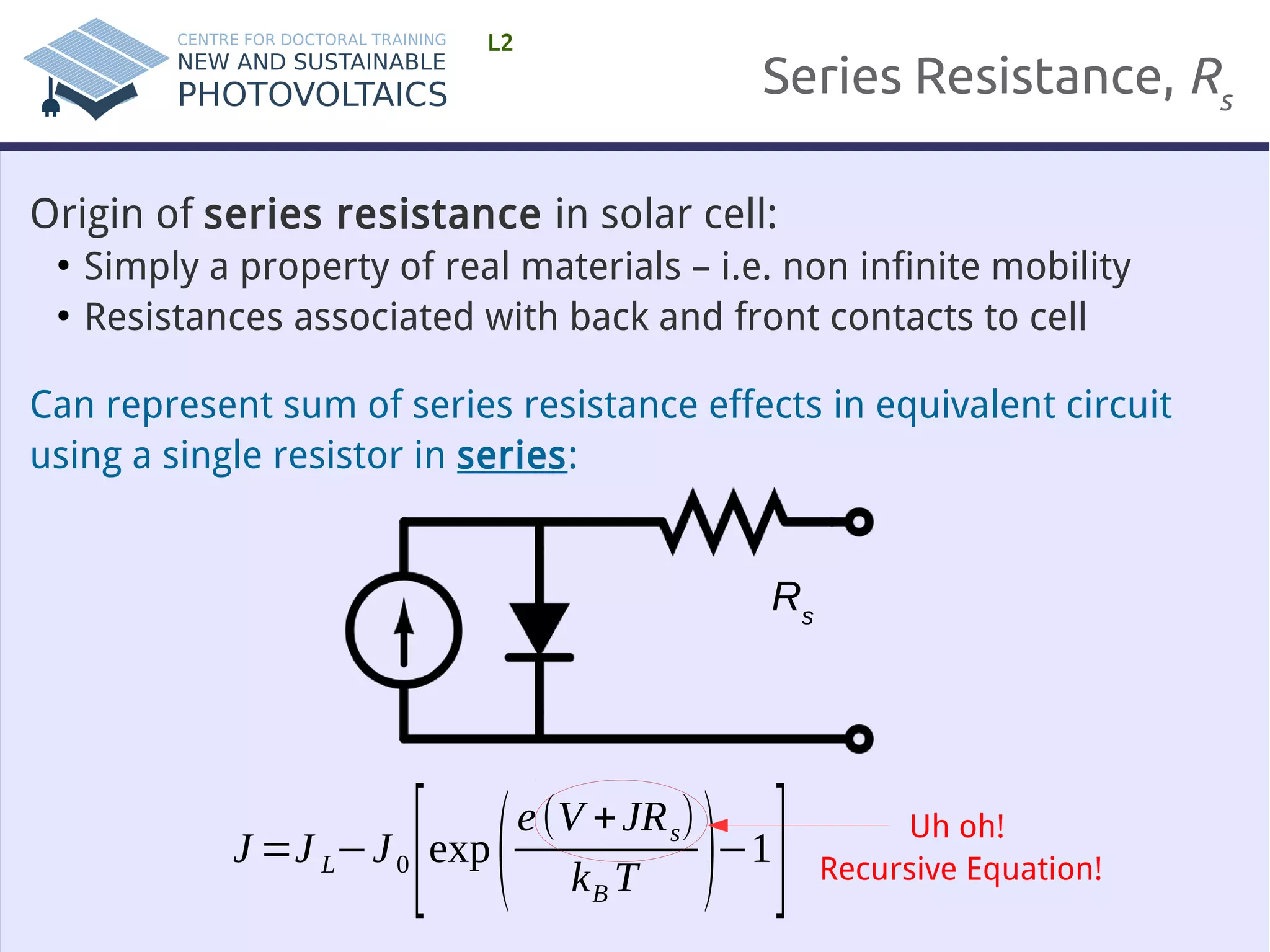 Series Resistance, Rs 
L2 
Origin of series resistance in solar cell: 
● Simply a property of real materials – i.e. non infinite mobility 
● Resistances associated with back and front contacts to cell 
Can represent sum of series resistance effects in equivalent circuit 
using a single resistor in series: 
Rs 
J=J L−J 0 [exp(e (V +JRs) 
kBT )−1] Uh oh! 
Recursive Equation! 
 