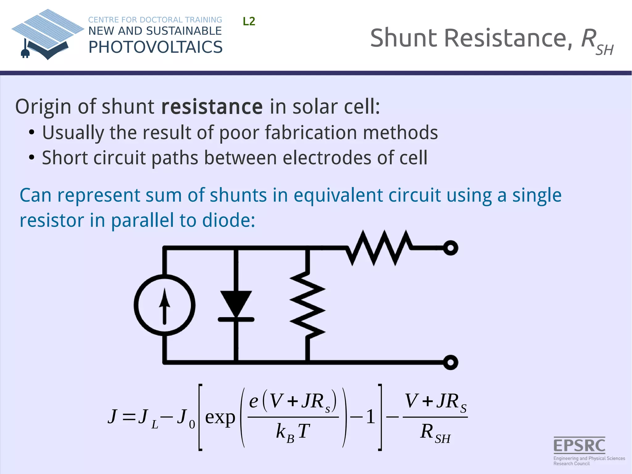 Shunt Resistance, RSH 
L2 
Origin of shunt resistance in solar cell: 
● Usually the result of poor fabrication methods 
● Short circuit paths between electrodes of cell 
Can represent sum of shunts in equivalent circuit using a single 
resistor in parallel to diode: 
J=J L−J 0 [exp(e (V +JRs) 
kBT )−1]− 
V +JRS 
RSH 
 