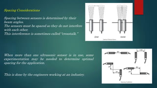 Spacing Considerations
Spacing between sensors is determined by their
beam angles.
The sensors must be spaced so they do not interfere
with each other.
This interference is sometimes called “crosstalk.”
When more than one ultrasonic sensor is in use, some
experimentation may be needed to determine optimal
spacing for the application.
This is done by the engineers working at an industry.
 