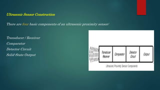 Ultrasonic Sensor Construction
There are four basic components of an ultrasonic proximity sensor:
Transducer / Receiver
Comparator
Detector Circuit
Solid-State Output
 