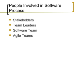People Involved in Software
Process
 Stakeholders
 Team Leaders
 Software Team
 Agile Teams
 