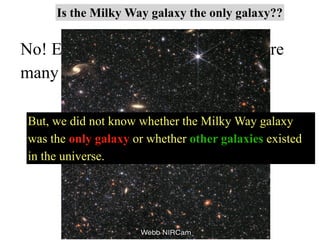 No! Even children know that there are
many galaxies in the universe.
But, we did not know whether the Milky Way galaxy
was the only galaxy or whether other galaxies existed
in the universe.
Is the Milky Way galaxy the only galaxy??
 