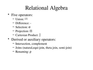 Relational Algebra
• Five operators:
– Union: 
– Difference: -
– Selection: s
– Projection: P
– Cartesian Product: 
• Derived or auxiliary operators:
– Intersection, complement
– Joins (natural,equi-join, theta join, semi-join)
– Renaming: r
 