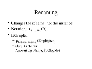 Renaming
• Changes the schema, not the instance
• Notation: r B1,…,Bn (R)
• Example:
– rLastName, SocSocNo (Employee)
– Output schema:
Answer(LastName, SocSocNo)
 