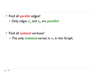 13
 Find all parallel edges?
 Only edges e4 and e5 are parallel
 Find all isolated vertices?
 The only isolated vertex is v4 in this Graph.
 