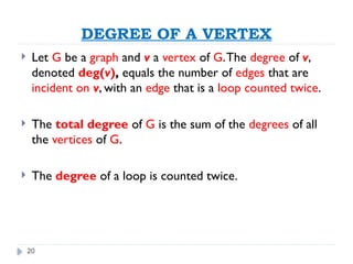 20
DEGREE OF A VERTEX
 Let G be a graph and v a vertex of G.The degree of v,
denoted deg(v), equals the number of edges that are
incident on v, with an edge that is a loop counted twice.
 The total degree of G is the sum of the degrees of all
the vertices of G.
 The degree of a loop is counted twice.
 