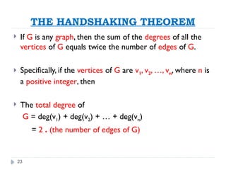 23
THE HANDSHAKING THEOREM
 If G is any graph, then the sum of the degrees of all the
vertices of G equals twice the number of edges of G.
 Specifically, if the vertices of G are v1, v2, …, vn, where n is
a positive integer, then
 The total degree of
G = deg(v1) + deg(v2) + … + deg(vn)
= 2 . (the number of edges of G)
 