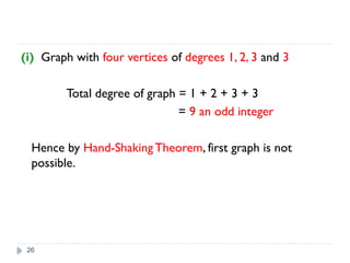 26
(i) Graph with four vertices of degrees 1, 2, 3 and 3
Total degree of graph = 1 + 2 + 3 + 3
= 9 an odd integer
Hence by Hand-Shaking Theorem, first graph is not
possible.
 