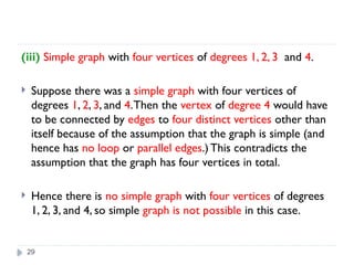 29
(iii) Simple graph with four vertices of degrees 1, 2, 3 and 4.
 Suppose there was a simple graph with four vertices of
degrees 1, 2, 3, and 4.Then the vertex of degree 4 would have
to be connected by edges to four distinct vertices other than
itself because of the assumption that the graph is simple (and
hence has no loop or parallel edges.)This contradicts the
assumption that the graph has four vertices in total.
 Hence there is no simple graph with four vertices of degrees
1, 2, 3, and 4, so simple graph is not possible in this case.
 